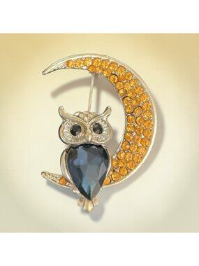 Vintage Owl & Moon Brooch With Rhinestones - Celestial Pin 1.25 x 1 Inches Gold-
